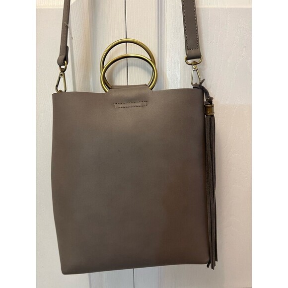 Anthropologie Taupe Gray bracelet Satchel Crossbody Leather Tassel Solid Neutral - Picture 2 of 10